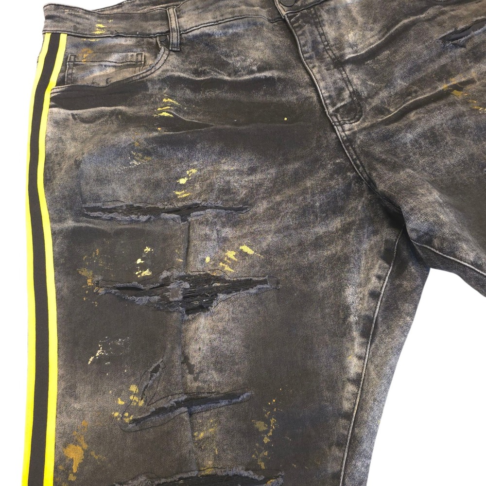Jordan Craig Legacy Denim Shorts 46 Raw Hem Distress Splatter Stripe Gold Black - Picture 3 of 14
